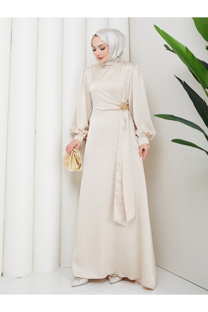 Women's Brochette-Detained Premium Jacquard Satin Fabric Tunic Dress