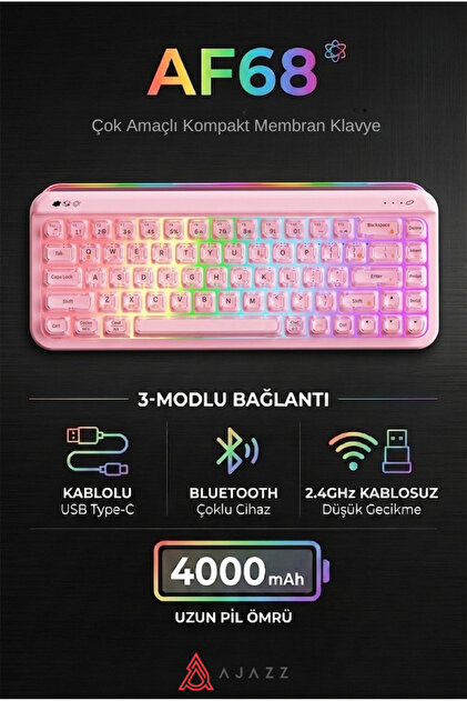 Ajazz AF68 Kablosuz (3 Modlu) RGB Membran Klavye- Çift Katmanlı