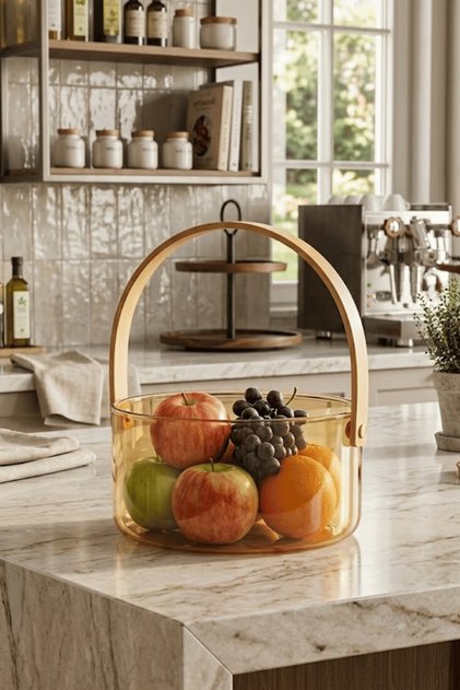 Portable Amber Glass Fruit Bowl with Wooden Handle – Multi-Purpose Bathroom Organizer Basket 1.8 L