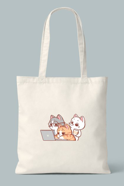 Cute Cats Working on Laptops Printed Cloth Bag