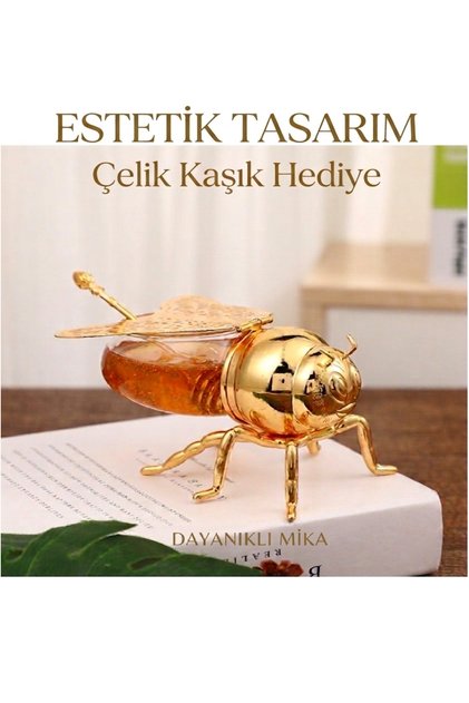 Şık Arı Şekilli Bal Kavanozu Kaşıklı Gold Mika Arı Tasarımlı Bal ve Reçel Kabı Kahvaltılık Sunumluk