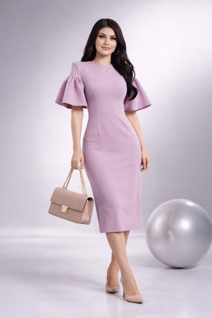 Stylish Fashion Turkish Style Midi Lavender Dress with a Soft and Elegant Cut (Waist-Cinched).