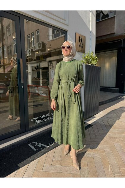 39844 Kuşaklı Kadın Elbise Yeşil