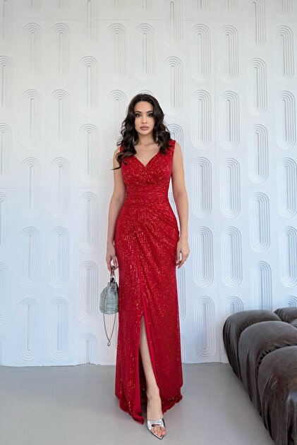 Red Double-Breasted V-Neck Slit Sequined Evening Dress