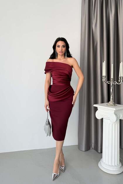 burgundy boat neck dress Lizetta Boat Neck Gathered Mini Dress Burgundy main image 0