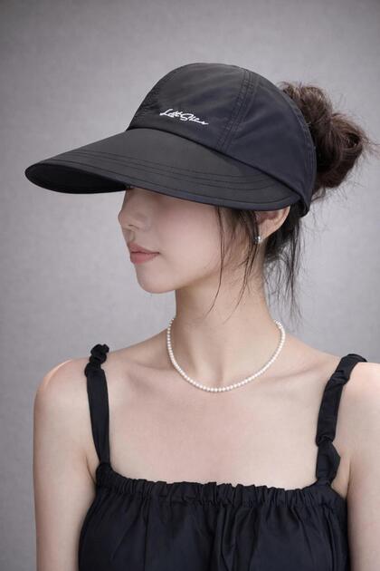 Women's Visor Hat with Ponytail Compatibility, Wide Brim Summer Sun Hat, Black