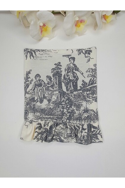Gray & Black Toile Patterned Double-Sided Cocktail Napkin with Ruffle Detail, 1 Piece