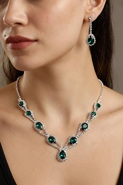 Accessories Hürrem Model Green Stone Necklace Earrings Jewelry Set Choker - Bridal Wedding Engagement Evening Dress Set