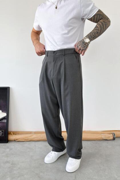 Dark Gray Pleated Baggy Fabric Trousers