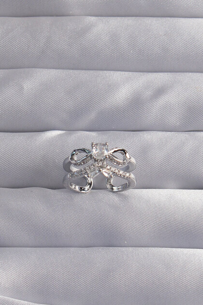 Stylish Brass Adjustable Silver Color Zircon Stone 2-Piece Look Bowknot Ring Teachers Mothers Valentine's Day