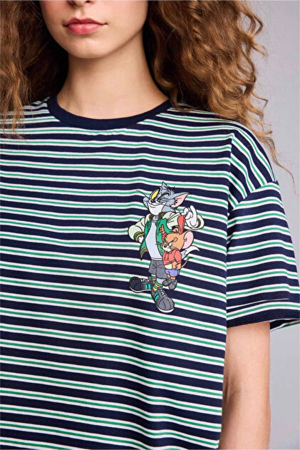 Defacto Tom & Jerry Oversıze Slogan Desenli Kısa Kollu Tişört