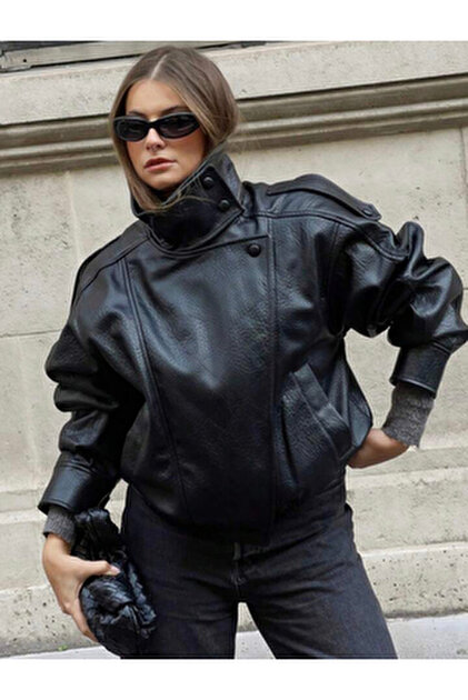 çerme Zr Model Bitter Brown Oversize Stand Collar Leather Jacket