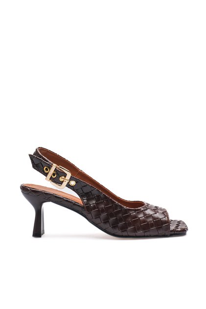 Sandale de damă maro, tricotate, cu model, cu cataramă și toc gros, cu design special, cu toc elegant, pentru birou și ocazii casual