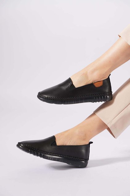 Altes Sole Stretched Genuine Leather Orthopedic Women's Shoes Black Skin