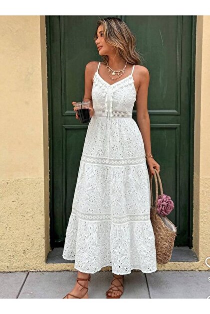 LOKADI Women's White Embroidered Strap Midi Length Bohemian Dress- Trendyol