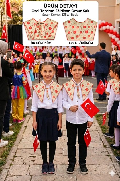 Children's Shoulder Shawl with Turkish Flag Motif | "Moon Star Elegance" Special Design Collar Scarf for National Holidays