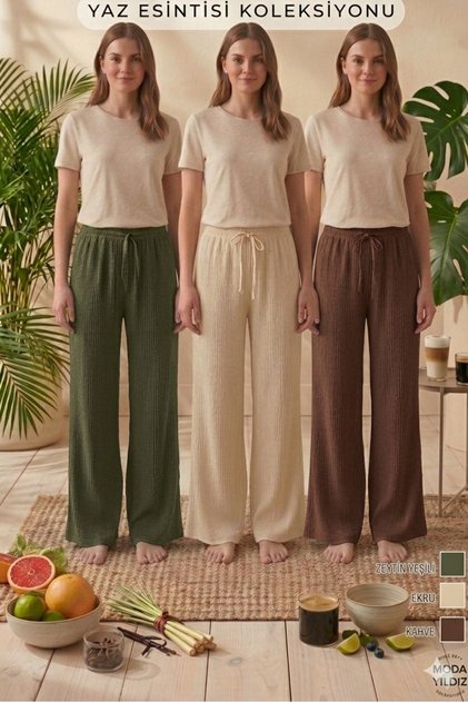 Ženske široke hlače sa teksturiranim vafel materijalom - visok struk, široke nogavice, ne zahtevaju glačanje, letnje pantalone