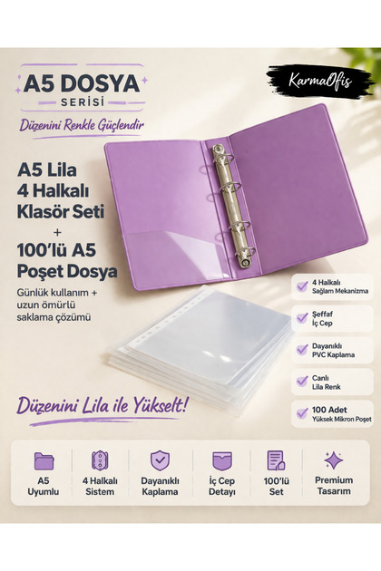 KarmaOfis A5 Lila 4 Halkalı Klasör Seti + 100'lü A5 Poşet Dosya