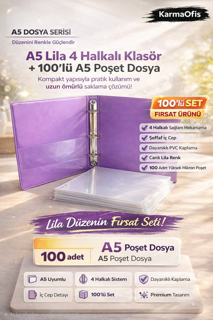 KarmaOfis A5 Lila 4 Halkalı Klasör Seti + 100'lü A5 Poşet Dosya