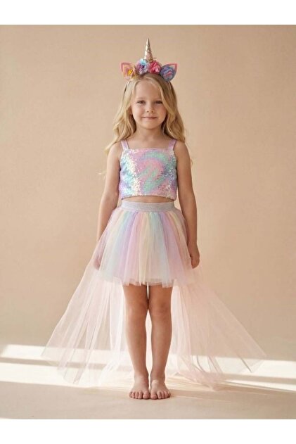 Zekids Girl's Unicorn Themed Tulle Detailed Evening Dress with Skirt Set- Trendyol Zekids Girl's Unicorn Themed Tulle Detailed Evening Dress with Skirt Set- Trendyol