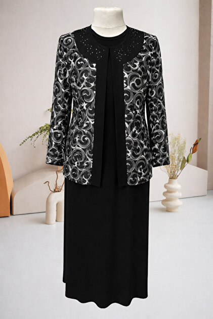 HESNA Black Deste Plus Size Jacket with Lace Arabesque Pattern Mother Evening  Dress Set- Trendyol