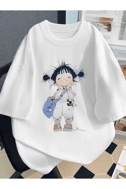 Cute Character Printed Premium Oversize T-Shirt with a Bag Attached to the Sleeve