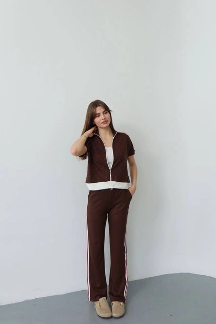 Women's Bitter Brown Stylish Stone and Stripe Detailed Trousers Zipper Blouse Bottom Top Double Soft Set