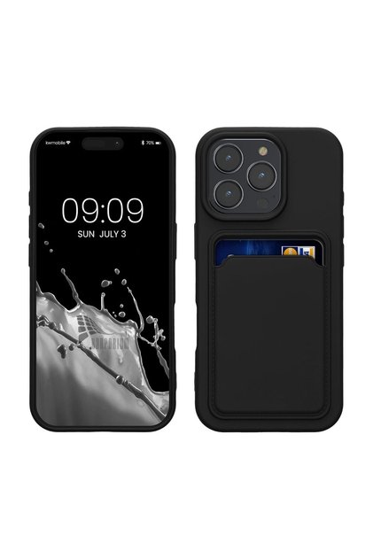 iPhone 16 Pro Max Compatible Silicone Case with Card Holder, Camera Protected, Flexible Pastel Cover - Black