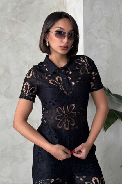 Shirt Collar Lace Blouse - Black | D2815 - Black
