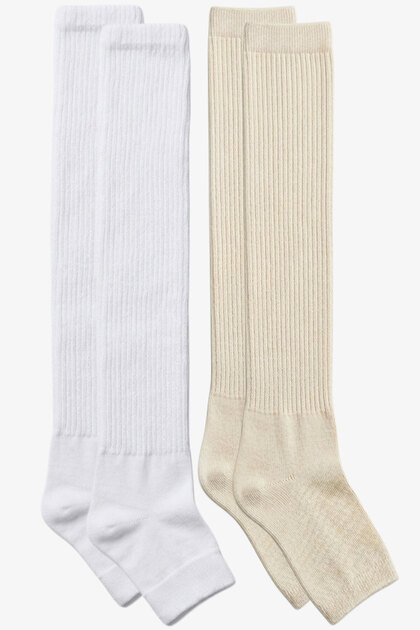 2 Pairs of Fingerless, Thin Ribbed, Above-Knee Cotton Blend Leggings