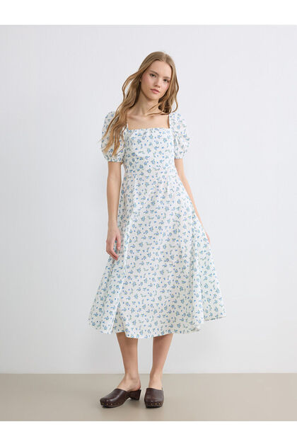 Floral Balloon Sleeve Waist-Slit Dress