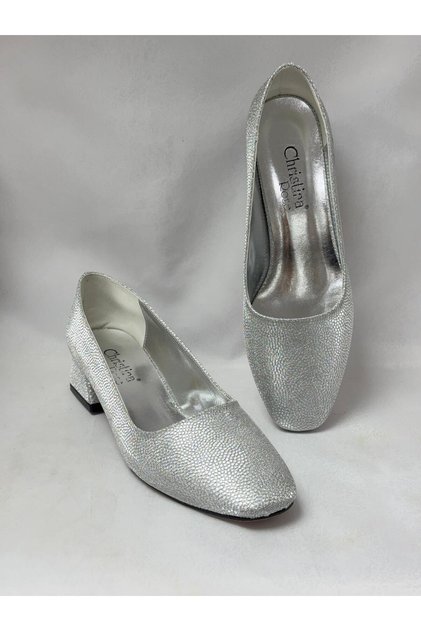 Ll2710 Large Size Leather Material Shiny Stone Comfortable Fit Heel Shoes Silver