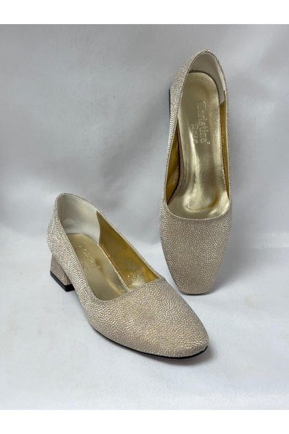 Ll2710 large size leather material shiny stone comfortable fit heel shoe gold