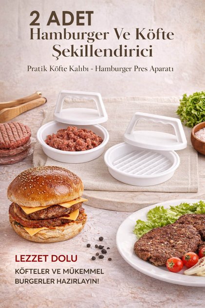 2 Adet Hamburger ve Köfte Şekillendirici Pres Pratik Köfte Kalıbı Burger Yapma Aparatı