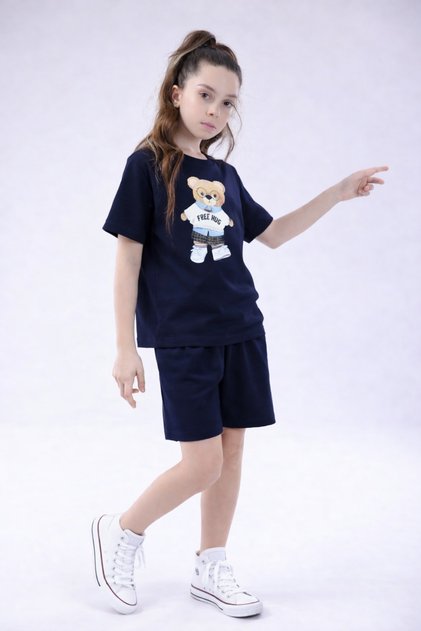 Girl's Teddy Bear Printed Shorts Set – 100% Cotton Summer Comfortable Cut Basic T-Shirt & Shorts Set