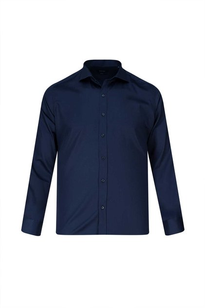 Lacivert Slim Fit Açık İtalyan Yaka Uzun Kollu Saten Gömlek