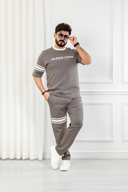 Men's Oversize Set with Short Sleeves and Long Pants, Decorated with Horizontal Stripes on the Sleeves and Pants