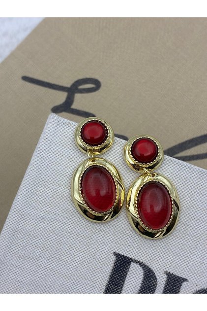 Vintage Oval Model Dangle Design Earrings with Burgundy Stone and Gold Detail