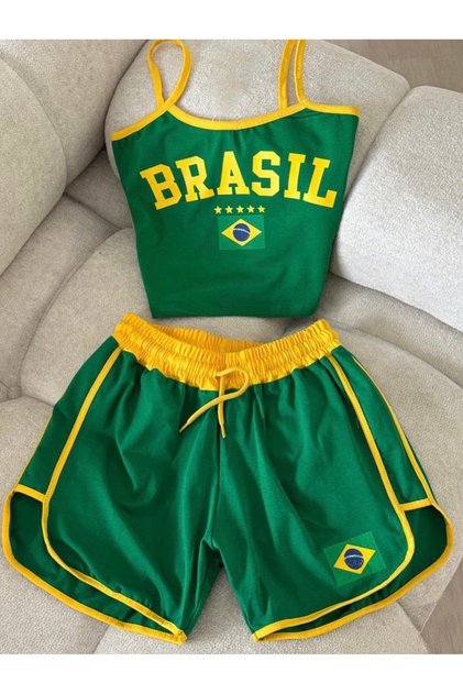 Kadın Baskılı Spor Crop ve Şort Set