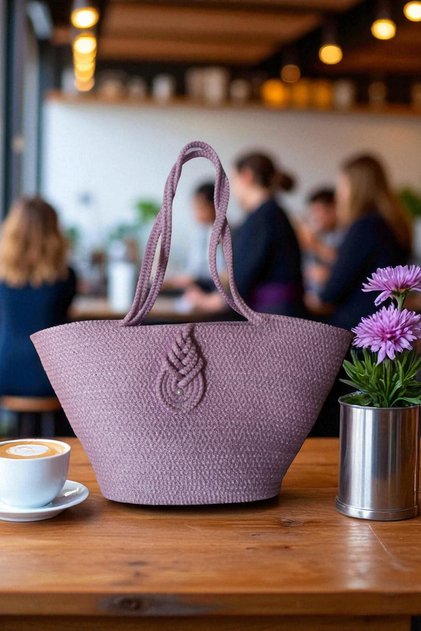 Natural Looking Vegan Beach Bag or Daily Bag with Colorful Self-Tie Straps