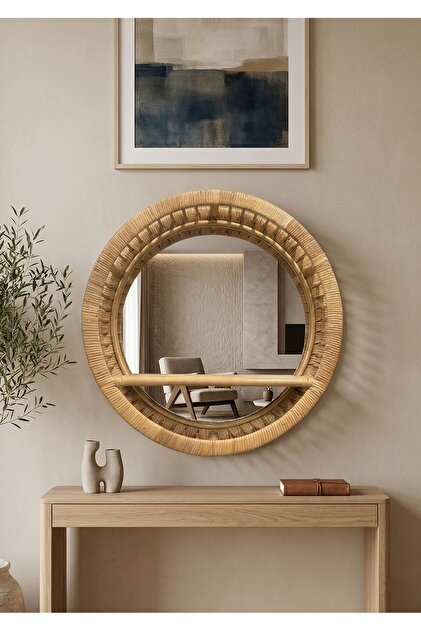 Yuvarlak Rattan Bambu Duvar Aynası 60x15 cm – El Yapımı Bohem Dekoratif Ayna ParePare