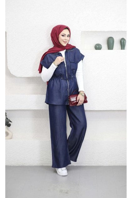 6109 - Comfortable Casual Thin Denim Fabric Waist Drawstring Detailed Women's Long Vest and Pants Set
