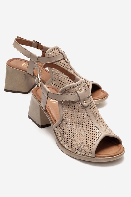 Janelle Beige Glitter Genuine Leather Women's Thick Heeled Sandals