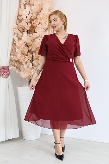 Siyezen Plus Size Chiffon Evening Dress with Gold Accessories- Trendyol