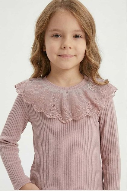 Girl's Lace Collar Detailed Ribbed Cotton T-Shirt - Dusty Rose (Ages 5-12)