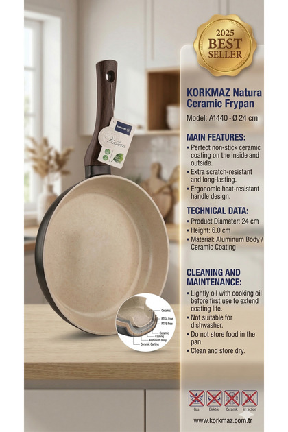 Korkmaz Natura Frypan 24 cm Ceramic Non-Stick Frying Pan, PTFE & PFOA Free, Eco