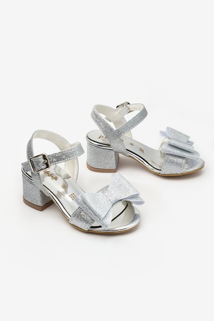 Silver Ankle Strap Bowknot Girls' Heeled Shoes
