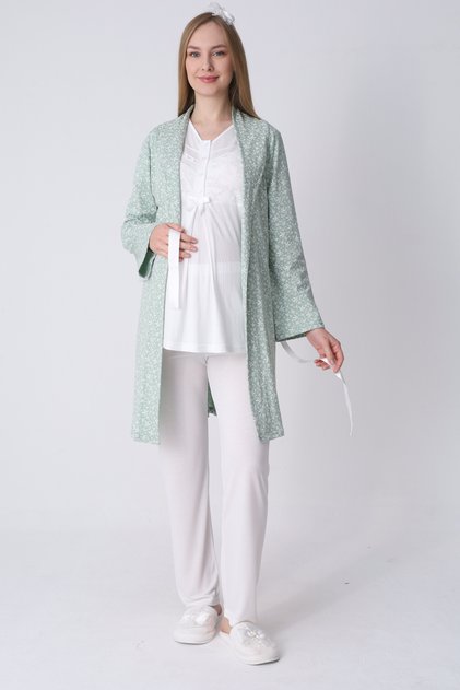 Women's 3-Piece Maternity Pajama Set with Lace Detail and Dressing Gown - Maternity Set That Makes Breastfeeding Easy