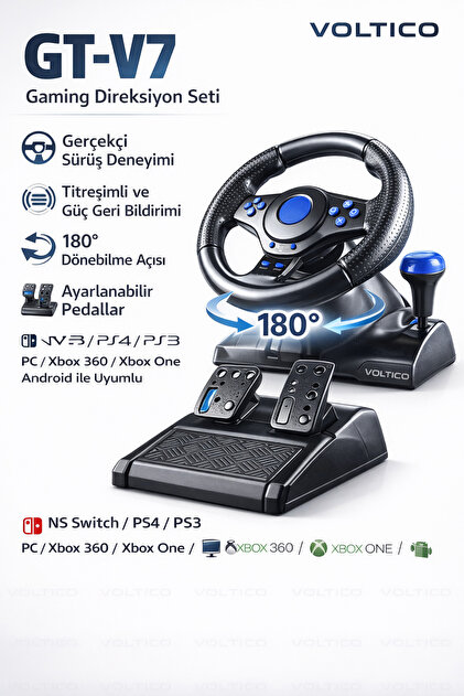 handanca GT-V7 Gaming Direksiyon Seti – 180° Dönebilen, Pedallı