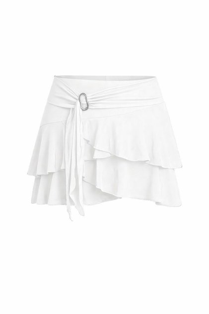 New Season White Asymmetrical Cut Layered Ruffle Detailed Buckle Detailed Gathering Mini Short Skirt